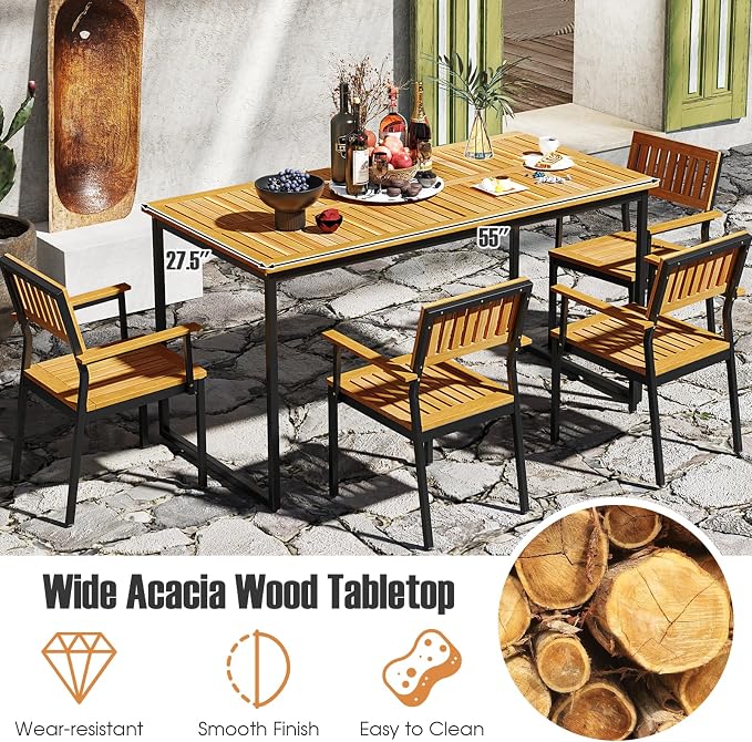 Patio Dining Table, 6-Person Acacia Wood Dining Table with 2 Inches Umbrella Hole, Slatted Tabletop & Adjustable Foot Pads, Outdoor Dining Table for Garden, Poolside & Dining Room