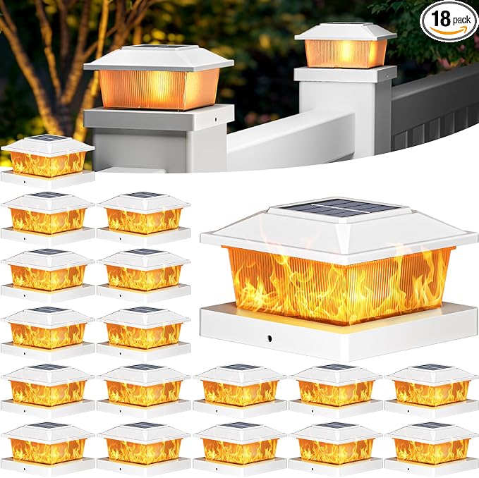 btfarm 4x4 Solar Flame Post Cap Lights Outdoor, 18 Pack Flickering Flame Deck Fence Post Lights, Waterproof Solar Powered Lighting Outside Fit 4x4 3.5x3.5 Wooden/Vinyl for Porch Patio Garden