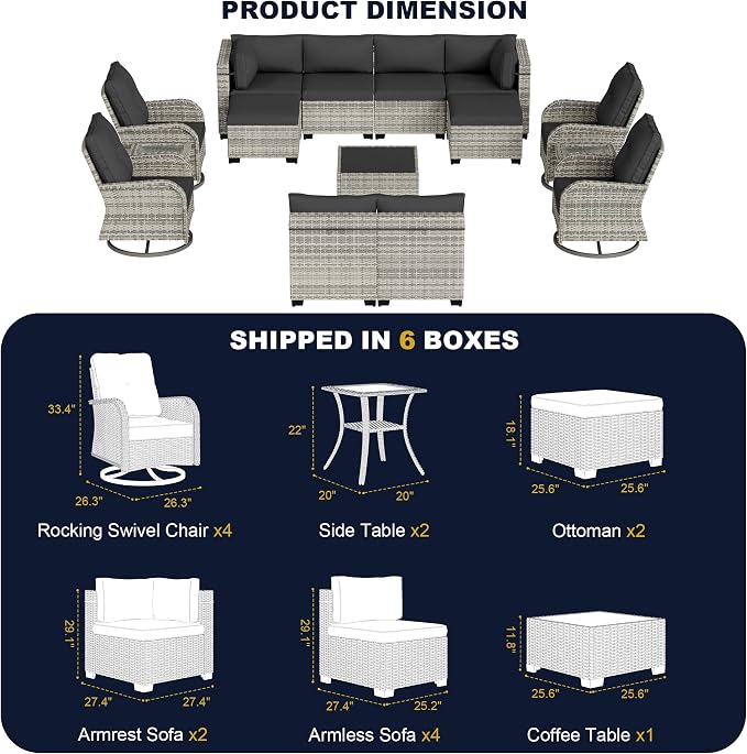 15-Piece Outdoor Patio Furniture Set with Rocking Swivel Chair, Wicker Rattan Sectional Sofa Conversation Set with Tempered Glass Table with Ottomans, Backyard Furniture, Dark Grey