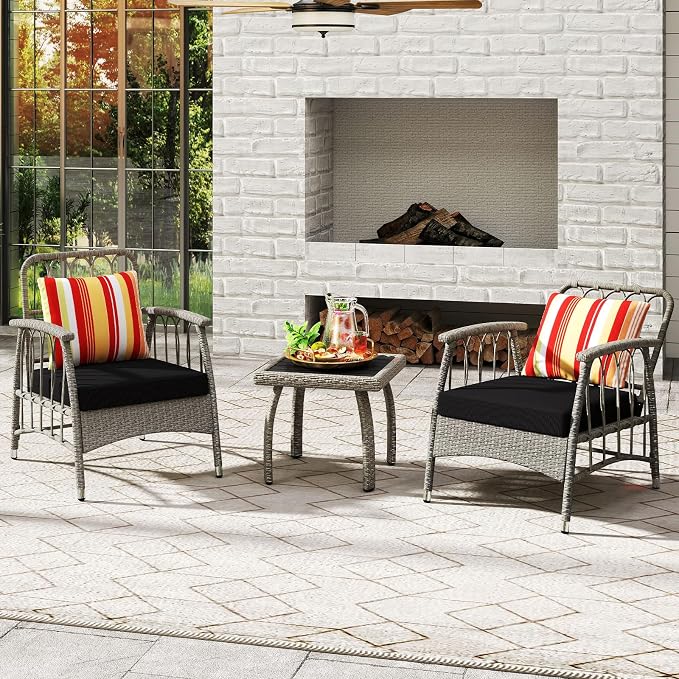 Tangkula 3 Pieces Patio Wicker Furniture Set, 5-Level Adjustable Backrest Cushioned Outdoor Conversation Bistro Chairs and Coffee Table Set, for Lawn, Garden, Poolside and Balcony (Mix Grey)