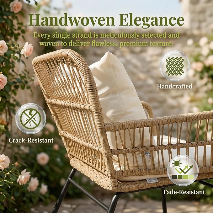 RADIATA 3 Pieces Boho Wicker Patio Chair Set with Thick Cushion and Side Table, Outdoor Conversation Rattan Furniture, Bistro Table and Chair for Porch Deck Backyard Garden, Beige