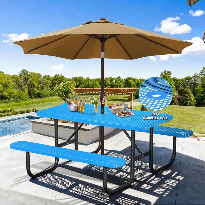 6FT/72IN Heavy Duty Outdoor Picnic Table and 2 Benches for 4-8 People, Weather Resistant Rectangular Steel Picnic Table Set with Umbrella Hole for Yard Patio Lawn Party Blue