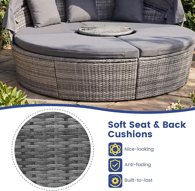 RELAX4LIFE Round Outdoor Daybed with Canopy, Rattan Wicker Sectional Sofa Set w/Cushions, Height Adjustable Table, Conversation Bed Lounger Separated Seating for Outside Pool, Patio Daybed (Grey)