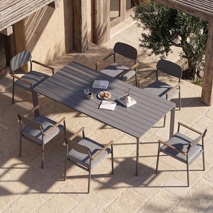 Modern Shade Luxury Outdoor Dining Set for 7, Outdoor Table and Chairs Set with Fade Resistant Cushions & FSC Teak, Premium Aluminum Patio Table and Chairs Set for Elegant Outdoor Living, Gray