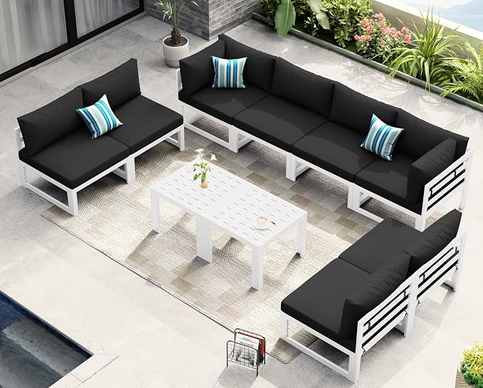 NICESOUL 10 Piece Modern Aluminum Patio Furniture Set, 500 lbs Heavy Duty Durable Outdoor Sectional Sofa, 29" Deep Wide Oversized Seating, L Shaped Comfortable Conversation Couch for Yard Deck, Black