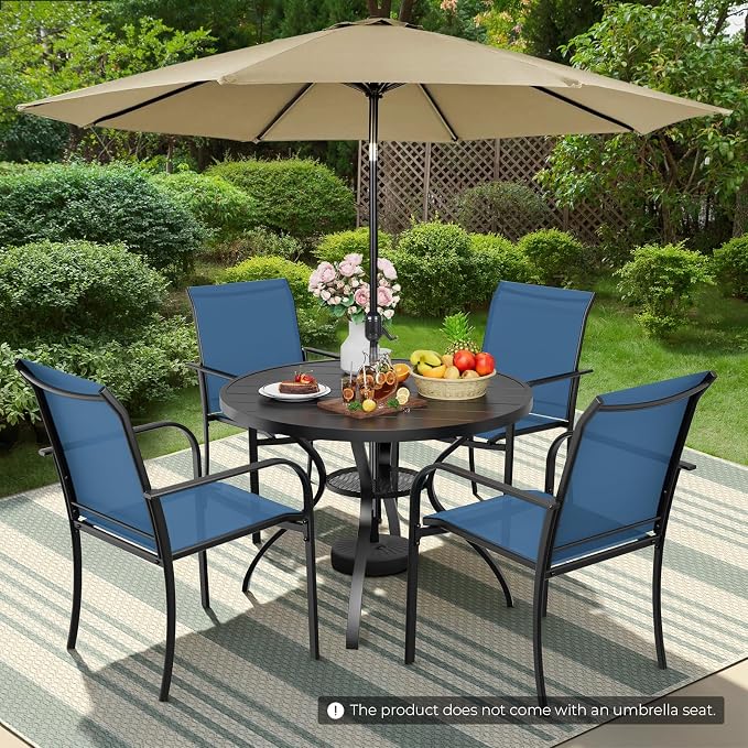 5-Piece Patio Dining Set with Umbrella,4 Person Outdoor Table and Chairs Set, 4 Metal Dining Chairs and Round Outdoor Table with 1.57" Umbrella Hole,Blue