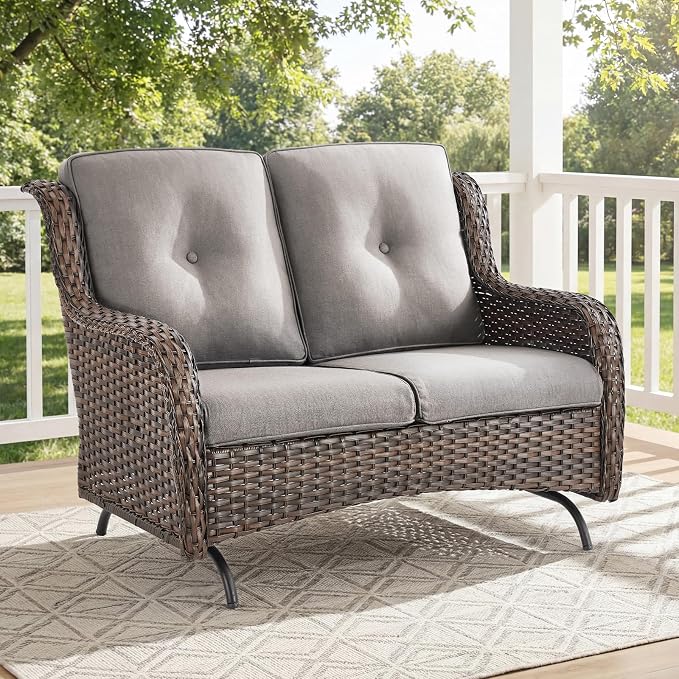 Patio Loveseat Sofa, Outdoor Wicker Loveseat with Luxury Thick Cushion, All-Weather Patio Furniture Set, Outdoor Glider Bench for Garden Balcony Backyard(Brown Wicker/Grey Cushion)