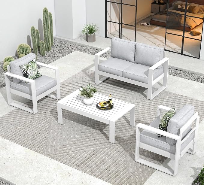 Outdoor Aluminum Furniture Set - 4 Pieces Modern Patio Conversation Sets Metal Sectional Sofa with Coffee Table