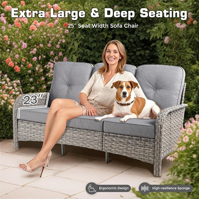 4-Piece Outdoor Patio Furniture Set,All Weather Wicker Rattan Patio Seating Sofa and Chair Set with Glowing Coffee Table,Outdoor Conversation Sets with 3 Seater Couch for Porch Deck Yard,Grey