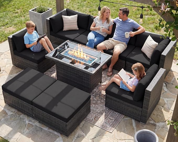 RADIATA 9 Piece Wicker Patio Furniture Set with Fire Pit, All-Weather Outdoor Sectional Couch High Back Large Size, Modular Backyard Seating Sofa Set with Propane/Natural Gas Firepit Table, Grey&Black