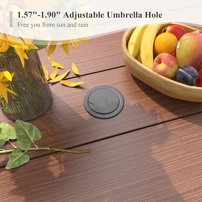 Outdoor Dining Table for 8, 63" Round Outdoor Table with Adjustable Umbrella Hole, All-Weather Metal Patio Dining Table for Lawn Garden Backyard Deck, Walnut