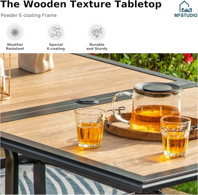 MFSTUDIO Outdoor Patio Dining Table for 6, Rectangular Furniture Table with Metal Frame and Immitation Wood Top, Outdoor Deck Backyard Garden Table with Umbrella Hole