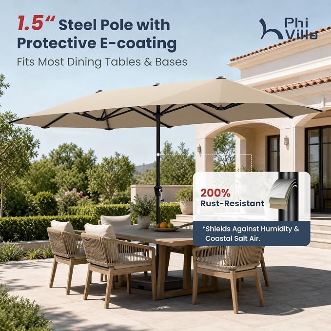 PHI VILLA Outdoor Dining Set with Umbrella for 6, Swivel Mesh Chairs | Includes 1 rectangle metal table, 6 textilene chairs and 13ft beige umbrella(NO BASE), designed for deck, backyard, garden