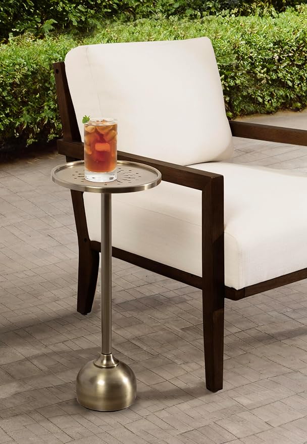 Kate and Laurel Miki Modern Pedestal Drink Table; 10 x 10 x 23; Antique Brass; Decorative Accent Patio Table for Use as Plant Stand Indoors or Outdoors or as a Living Room Martini Table