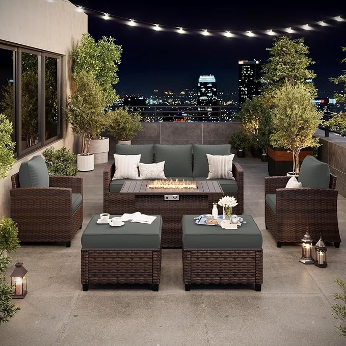 6 Pcs Patio Furniture Set with 44" Propane Gas Fire Pit Table, Rattan Outdoor Couch with Ottomans, 4" Thick Cushions for Backyard Garden Deck,Dark Grey