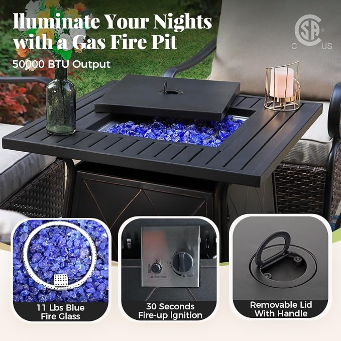MIXPATIO Patio Furniture Set with Fire Pit Table, 5 Pcs Metal Outdoor Conversation Set, 4 Single Chairs with 5.75" Extra Thick Cushion and 28" Fire Pit Table for Backyard Deck, Blue
