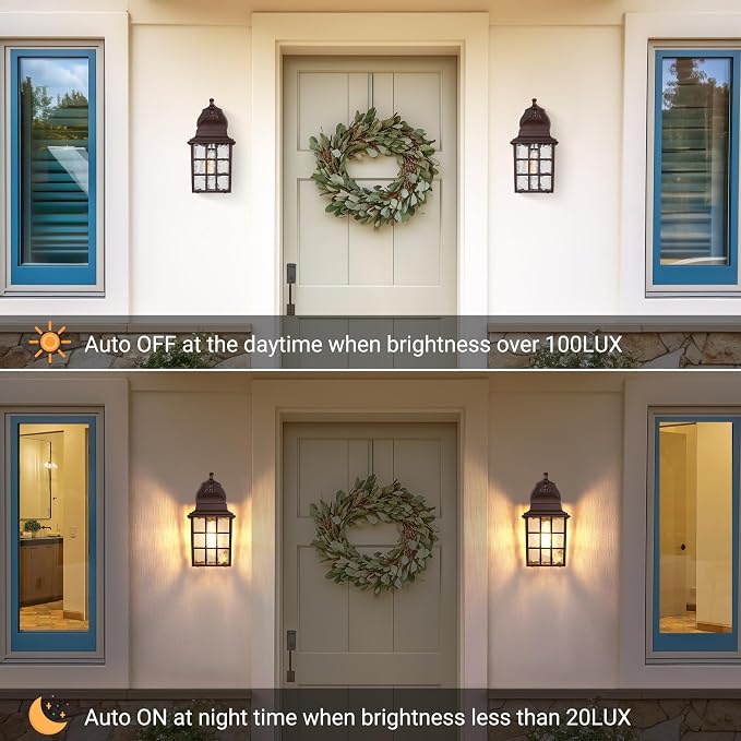 2 Pack Dusk to Dawn Outdoor Lighting Fixture, Classic Exterior Porch Light | Aluminum Frame, Water Rippled Glass, Waterproof, E26, Sensor Outdoor Hose Light, Wall Sconce For Garage, Front Door