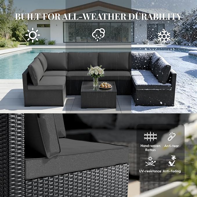 WWR Patio Furniture Set 7 Piece - All-Weather - Wicker Rattan Patio Outdoor Conversation Set, Modular Sectional Sofa for Backyard, Garden, Poolside, Balcony, Porch, Patio, Black/Dark Gary