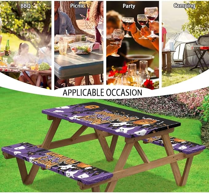 Halloween Pumpkin Picnic Table Cover with Bench Covers Washable Outdoor Camping Tablecloth Summer Abrasion Resistant Waterproof Picnic Table Cover 3 Piece Set