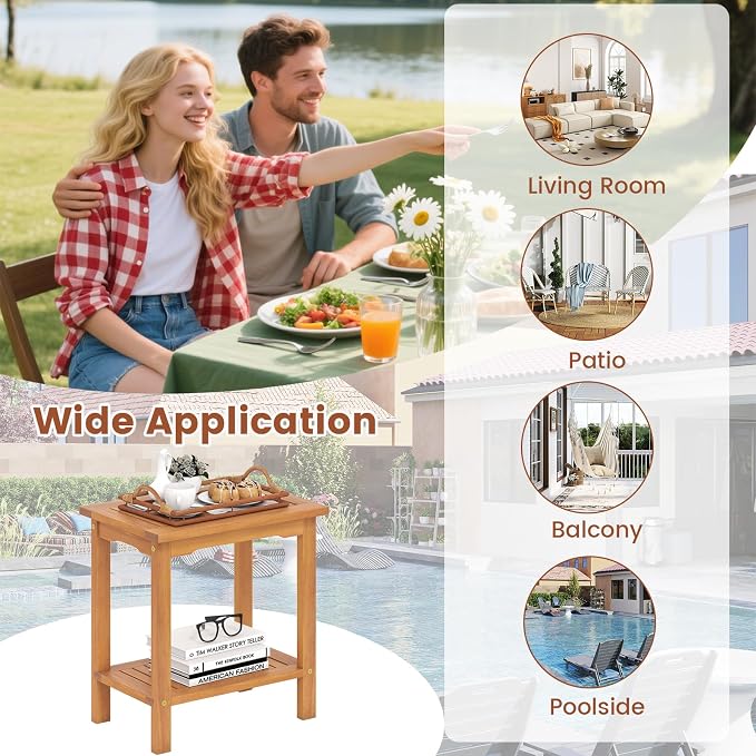 HAPPYGRILL Acacia Wood Patio Side Table, 2-Tier Accent Table with Slatted Tabletop & Storage Shelf, Wooden End Table for Living Room Poolside Balcony Porch (1)