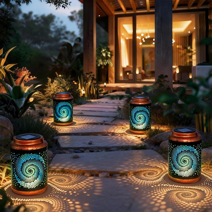 DIBIEECN Birthday Gifts for Women Mom Grandma Wife, Solar Lanterns Outdoor Waterproof, Metal Hanging Lights Garden Decor, LED Decorative Lantern for Patio Porch Backyard, Blue, 4 Pack