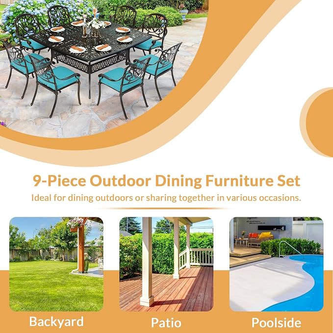 9 Piece Outdoor Patio Dining Set for 8, Cast Aluminium Large Square Dining Table & 8 Cushioned Stackable Chairs, Umbrella Hole, Patio Furniture Set for Garden Porch Poolside, Ocean Blue