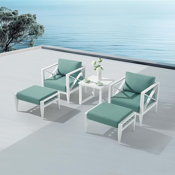 2-Seat Aluminum Patio Furniture Set with Ottomans & Coffee Table, Oversized Outdoor Conversation Set, Weather-Resistant for Backyard, Deck, Balcony – White