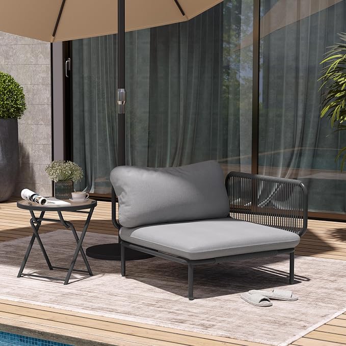 Patio Furniture Set, Outdoor Patio Furniture Oversized Metal Single Sofa, 1-seat Conversation Set with Cushion for Indoor and Outdoor, Black Frame and Dark Grey Mat (1 Seat 2 Armrests)