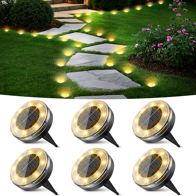 Mini Solar Ground Lights, 6 Pack Flat Solar Disc Lights Outdoor Waterproof, 2.3 Inch Small Solar Garden Lights Landscape Lighting for Outside Pathway Garden Yard Lawn Walkway,Warm White