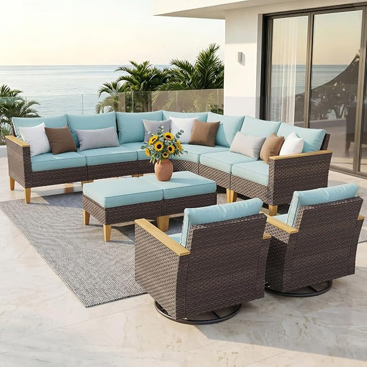 PHI VILLA Wicker Patio Furniture Set with Swivel Chairs, 10 Pieces Half Moon Outdoor Conversations Set, Oversized Rattan Patio Sectional Sofa with Ottoman, Aqua Blue Cushion