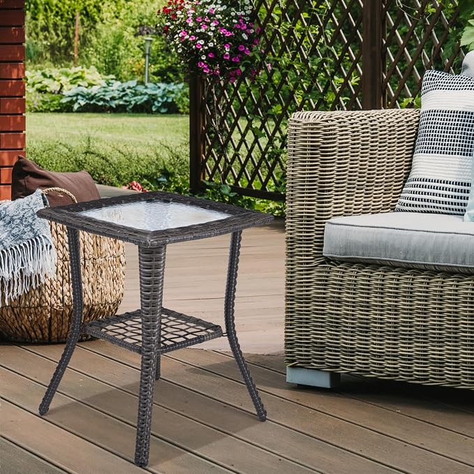 VINGLI Outdoor Side Table with Storage Wicker Patio Side Table, Tempered Glass Top End Table for Balcony Porch Deck (Grey)