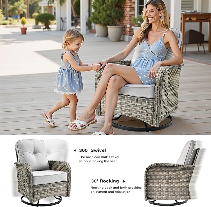 9 Pieces Outdoor Sectional Patio Furniture Set with 42" Fire Pit,Conversation Sets Rattan Wicker L Shaped Couch Swivel Rocking Chairs,Modular Outdoor Sofa for Porch Balcony Backyard Grey