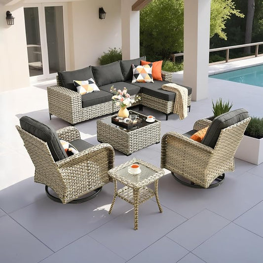Outdoor Sectional Patio Furniture Set with Rocker Chairs,7 Pieces Wicker Conversation Sets L Shaped Couch,Extra Deep Out Door Sofa Outside Furniture,Black