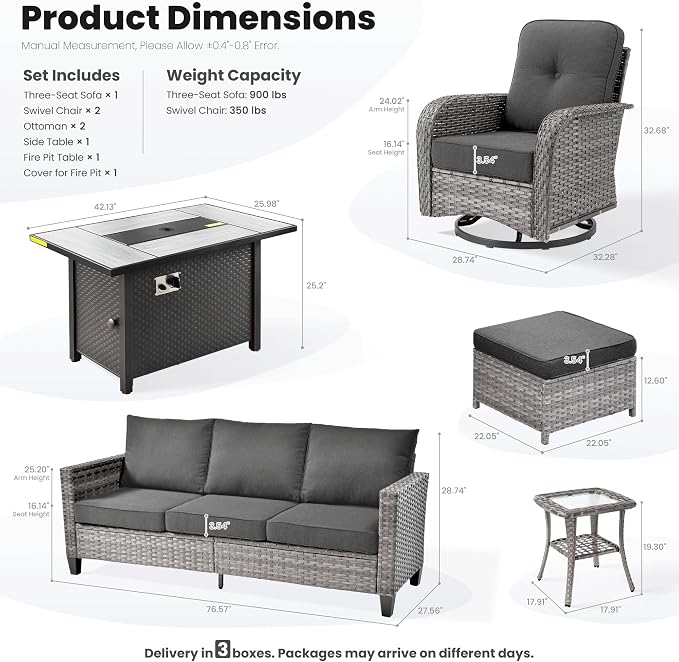 ovios 7 Pieces Patio Furniture Set, Outdoor Wicker Sofa Couch with Swivel Glider Chairs Fire Pit Table, Modern Deep Seat Rattan Conversation Sets for Deck Porch, Black