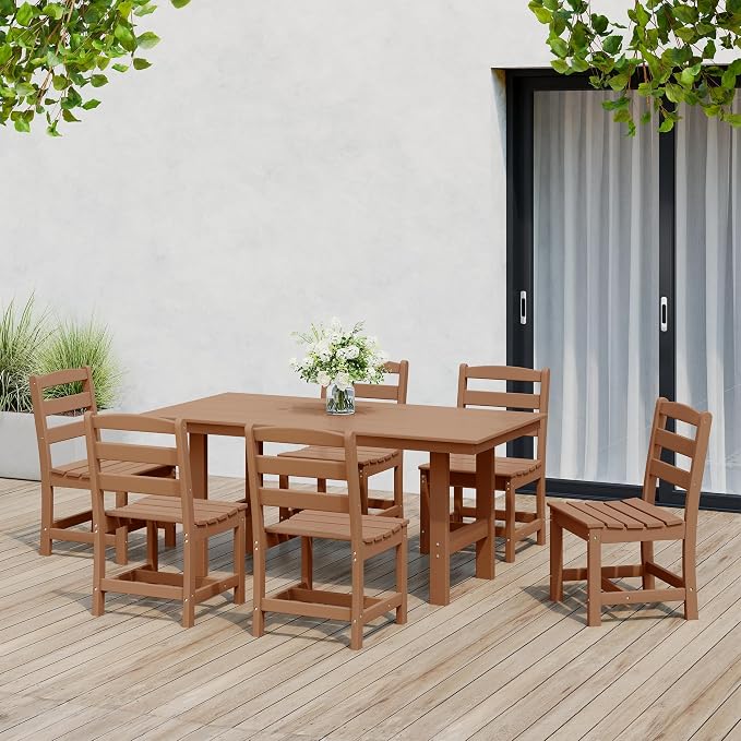 Costaelm Palms 7-Piece HDPE Outdoor Rectangular Patio Dining Table Set with Side Chairs, Teak