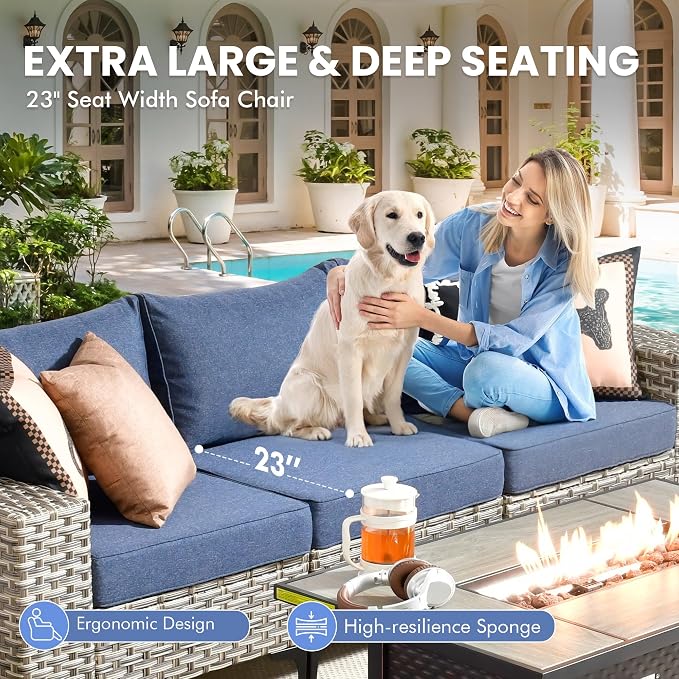 8 Pcs Patio Outdoor Furniture Set - All Weather Wicker Outdoor Sectional Sofa Couch with Swivel Fire Pit Table and Rocking Chairs e,Patio Rattan Conversation Set for Garden Deck Yard,Denim Blue