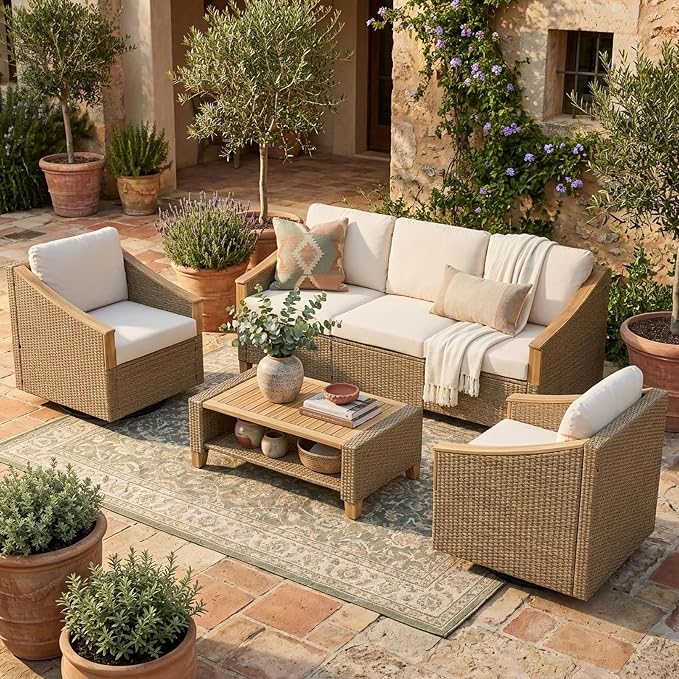 SUNSITT 4-Piece Wicker Patio Set with Swivel Chairs, Acacia Wood Accents | 3-seat rattan sofa,2 swivel chairs with acacia wood armrests, 2-layer wood top coffee table, thick cushions for backyard