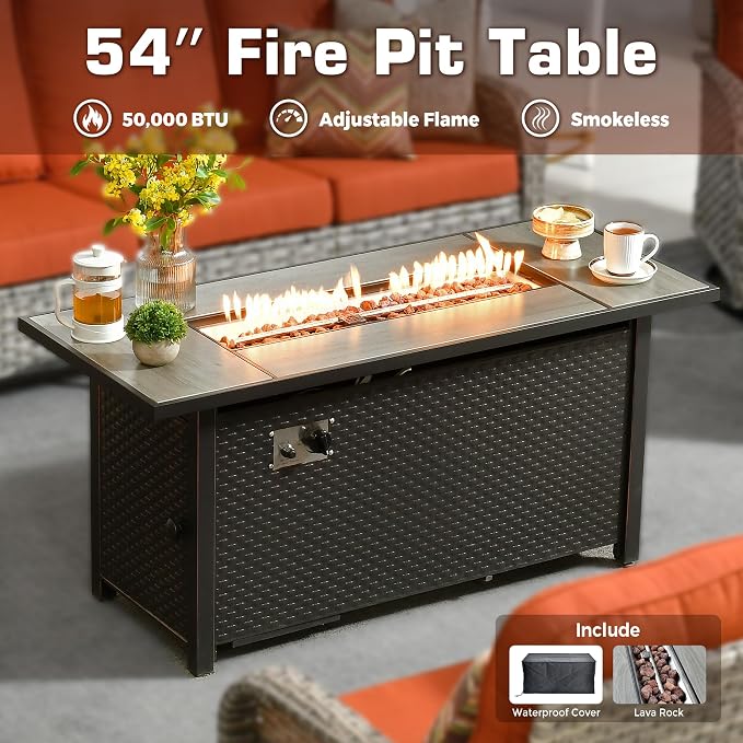 9 PCS Outdoor Patio Furniture Set with Fire Pit Table and Swivel Rocking Chairs,All Weather Wicker Rattan Patio Seating Sofa and Chair Set with Ottomans,Outdoor Conversation for Porch Deck Yard,Red