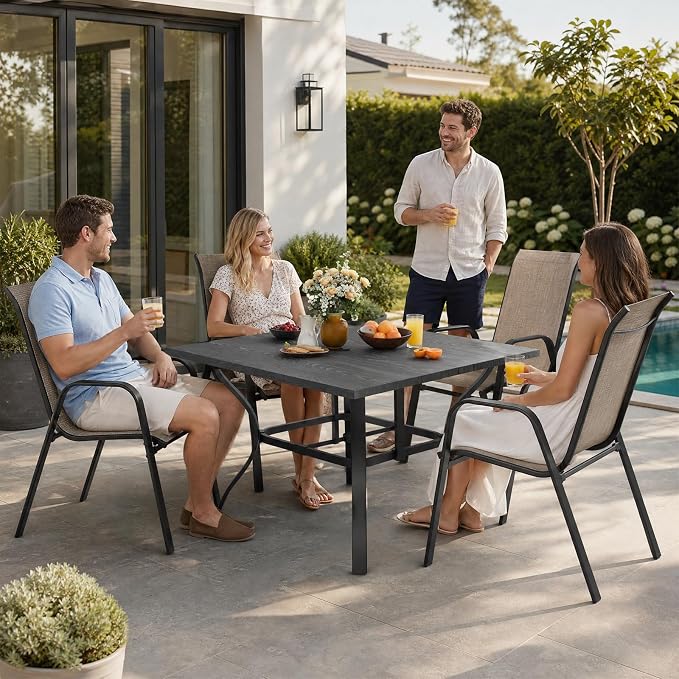 5 Piece Patio Dining Set, Stackable Outdoor Chairs Set of 4 with Textilene Fabric, 37.8" Wood-Grain Square Table with Umbrella Hole for Backyard Lawn Party (1 Table + 4 Chairs) (Brown)