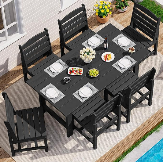 SERWALL 7-Pc HDPE Patio Dining Set, 1 Table & 6 Armless Chairs, Black | HDPE Outdoor Dining Set with Rectangular Table & 6 Armless Chairs, All-Weather Resistant SERWALL Dining Set for 6