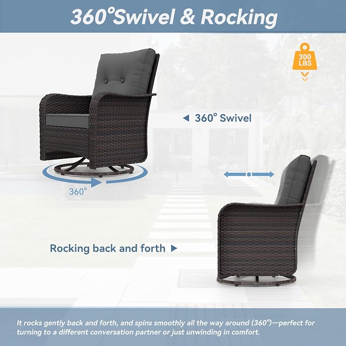 Kurapika 5 Pieces Patio Furniture Set, Rattan Wicker Outdoor Conversation Sets, 4 Woven Rattan Swivel Chairs w/48in Propane Fire Pit Table and Thickened Cushions, Grey