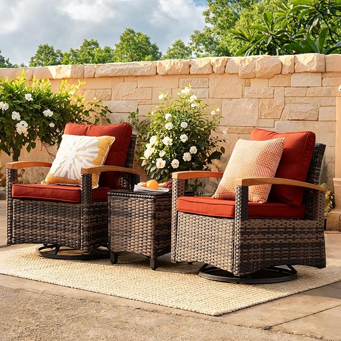 MEISSALIVVE 3 Piece Outdoor Swivel Rocking Chairs, Patio Furniture Bistro Set with 360° Wood Armrests Swivel Glide Chairs and Side Table for Deck Yard and Poolside (Red)