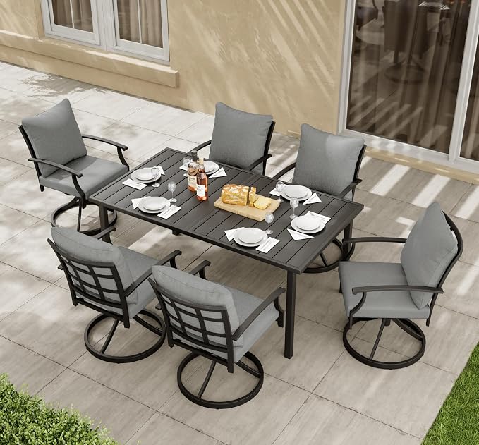 HAPPATIO 7-Piece Patio Dining Set, Outdoor Dining Set with Powder-Coated Metal,Dining Table with Umbrella Hole, 6 Swivel Chairs with Removable Cushions for Porch Poolside Garden,Grey