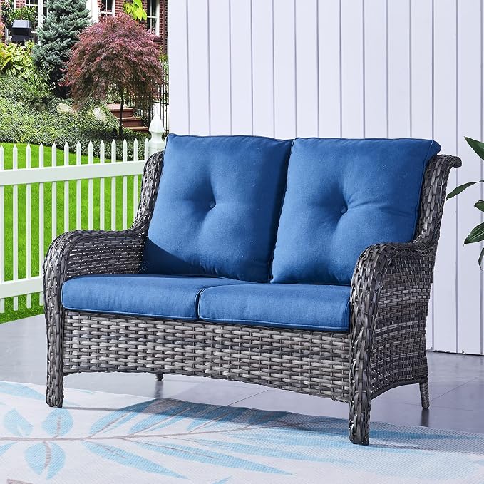 HUMMUH 6 Piece Patio Furniture Set PE Wicker Rattan 3-Seat Outdoor Sectional Sofa with Love Seats,Patio Swivel Chairs,Ottomans Conversation Sets for Garden, Poolside, Backyard