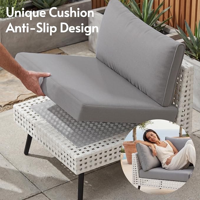 ENSTVER Modern High-End 5-Piece Wicker Patio Furniture Sets，Outdoor Patio Sectional with Thicken Cationic Fabric Cushions & Non-Slip Pad, Convertible Conversation Sets for Garden, Poolside, Backyard