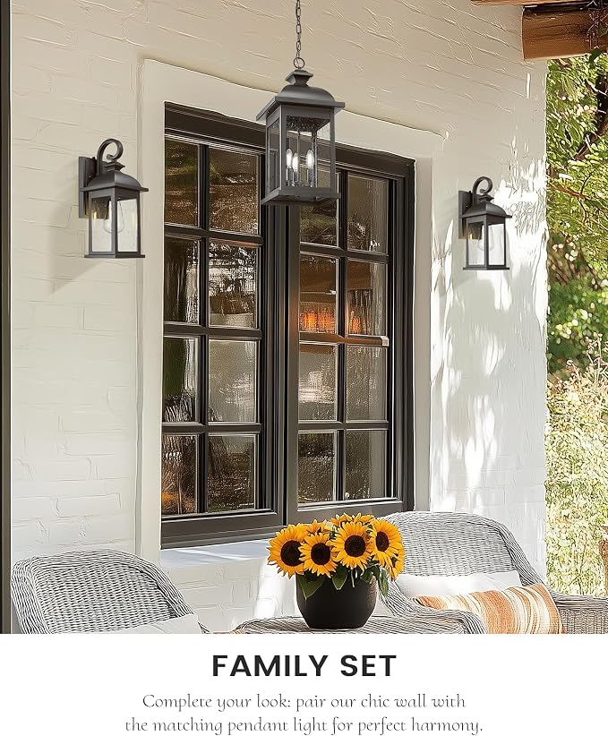 FEMILA Dusk to Dawn Outdoor Wall Sconce, 15" Matte Black Seeded Glass Outdoor Sconce Lights, Front Porch Light Fixtures Wall Mount, Garage Lights for Patio, Entryway, Garden, 4FD54B-PC BK