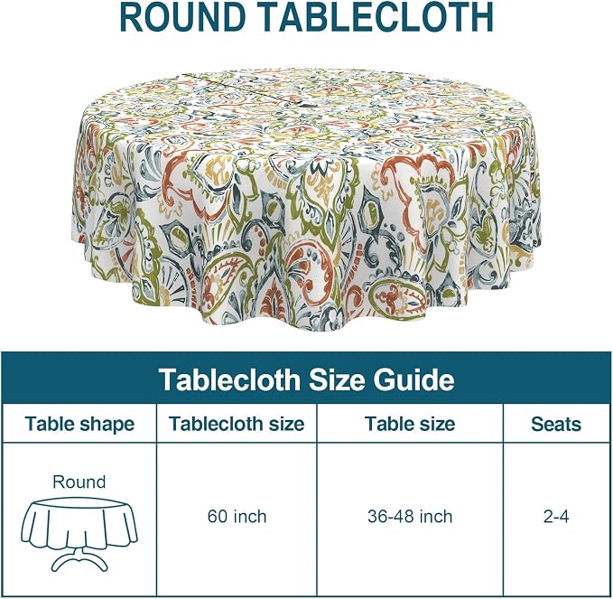 DYTXIII Outdoor Round Tablecloth with Umbrella Hole 60 Inch, Water Repellent & Fade Resistant Table Cover, All Weather Outdoor Tablecloth for Garden & Party Table, Paisley Botanical