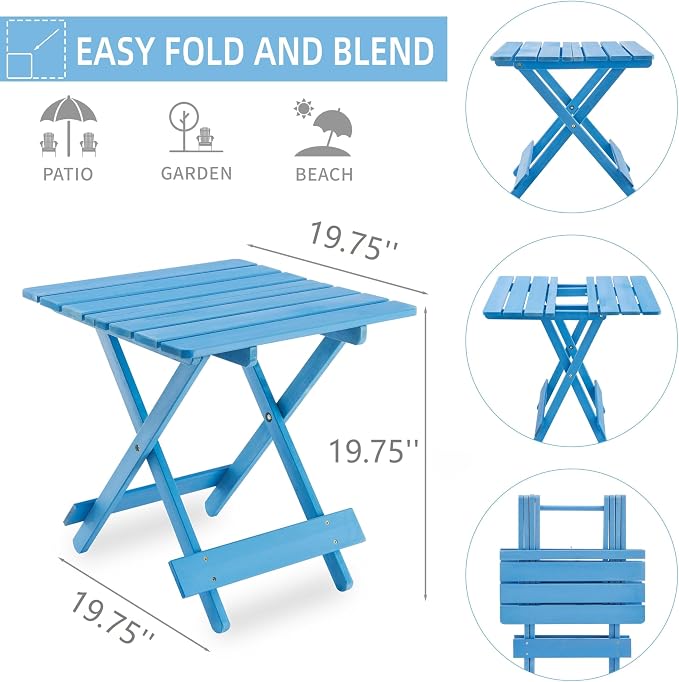 Folding Square Patio Table, Solid Wood, Blue
