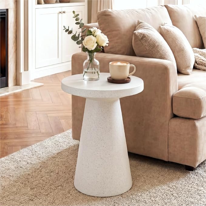 HOMPUS Outdoor Side Table Large, Concrete Side Table Faux Stone Cone Shaped, Patio Round Accent Table, Lightweight MgO Tall Coffee Table Garden Tool for Home Decor, Porch and Deck, Spotted White