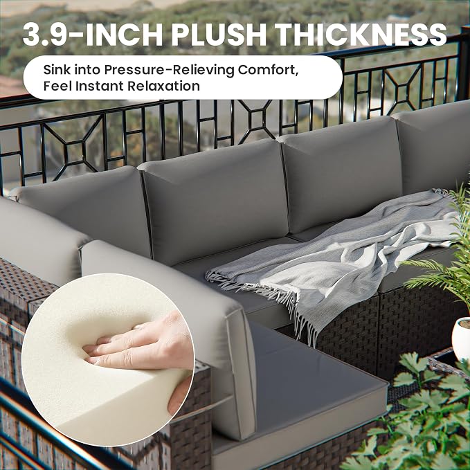 14 Pieces Outdoor Patio Furniture Set,Outdoor Sectional Furniture All Weather PE Rattan Wicker Patio Conversation Set with 2 Coffee Tables and 12 Thickened Cushions,Grey
